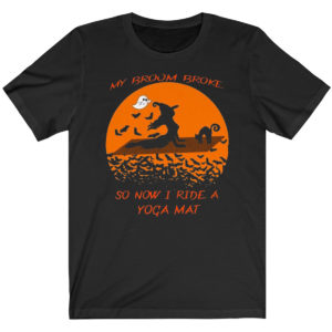 Witch And Cat My Broom Broke So Now I Ride A Yoga Mat Halloween Shirt