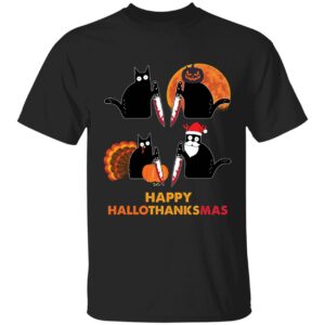 Black Cat Happy Hallothanksmas Shirt