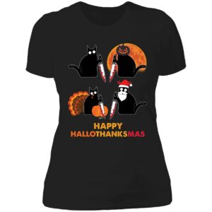 Black Cat Happy Hallothanksmas Ladies Boyfriend Shirt